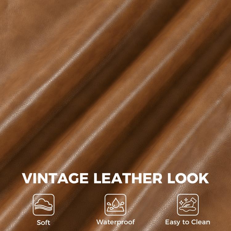 Brown leather-look PU upholstery with smooth, glossy ribbed grain texture
