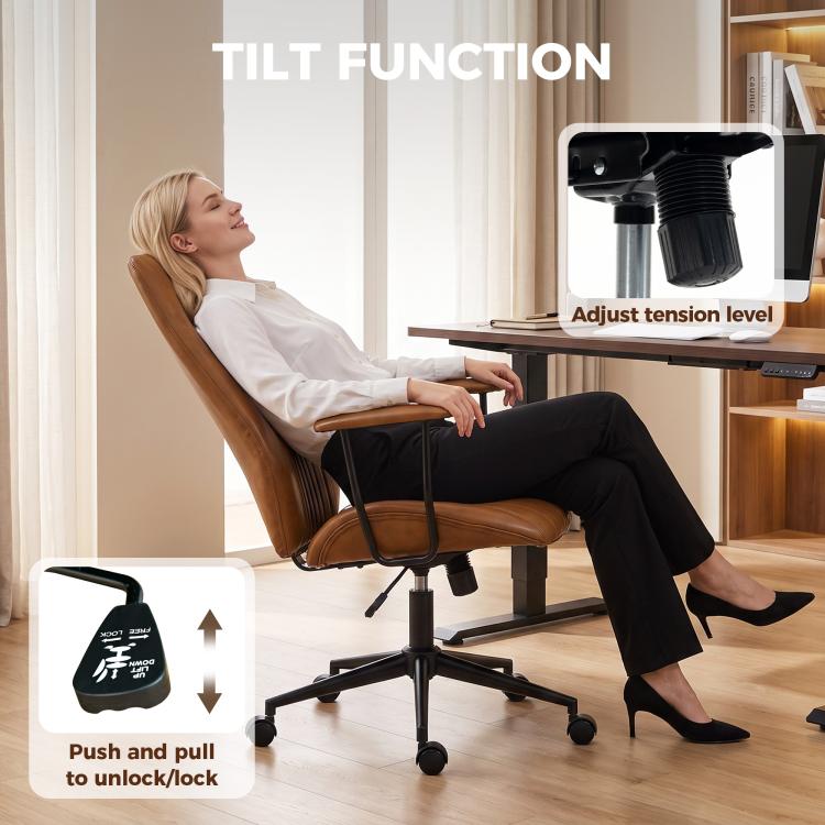 Brown mid-back office chair with armrests showing tilt recline function on casters