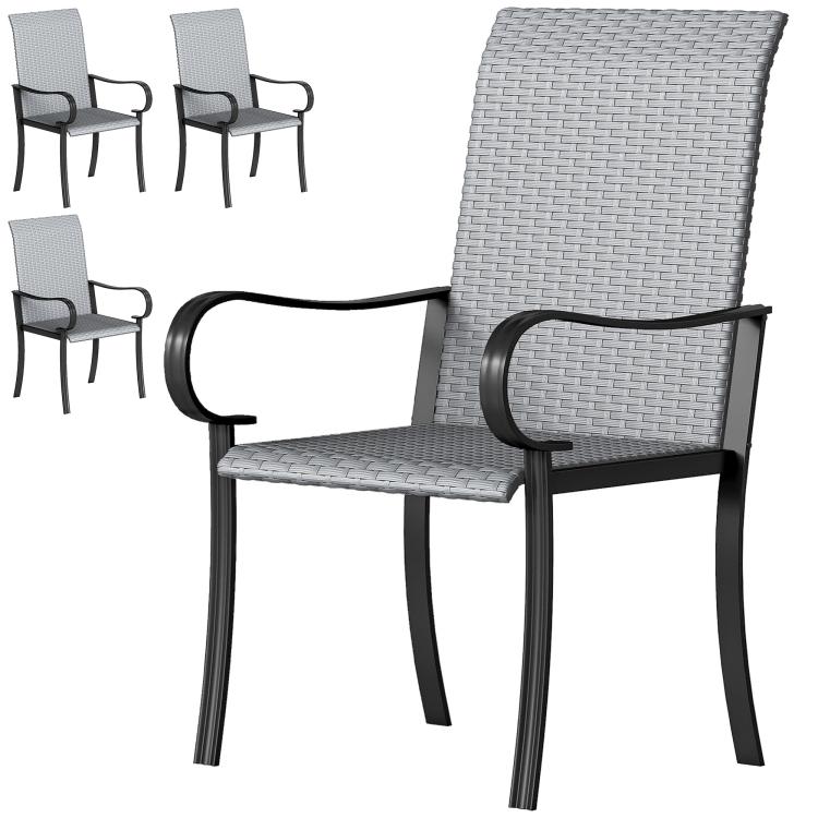 Gray outdoor wicker dining chair with wide backrest and armrests, side view