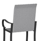 Gray woven wicker back chair with black armrests and steel frame, side view