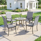 Outdoor patio dining set with four gray wicker chairs and a round glass table