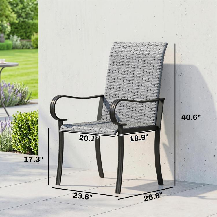 Gray outdoor wicker dining chair with armrests and measurements diagram