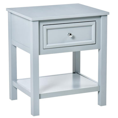 Light gray end table with storage drawer and bottom shelf
