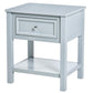 Light gray end table with drawer and open bottom shelf, two-sided view