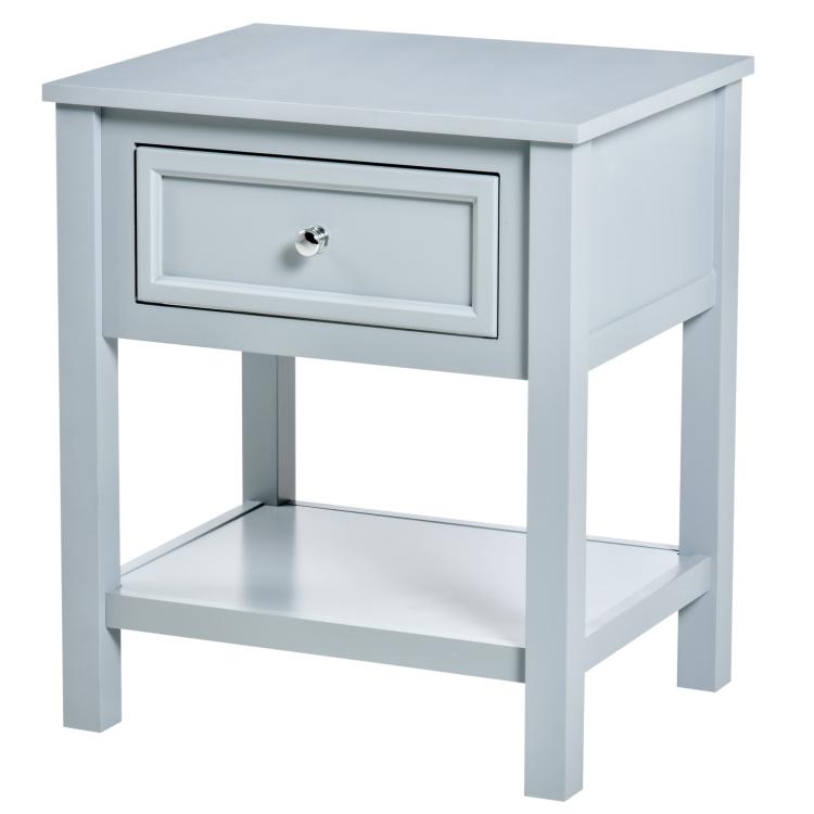 Light gray end table with drawer and open bottom shelf, two-sided view