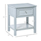 Light gray end table with drawer and bottom shelf, size diagram included