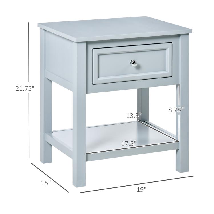 Light gray end table with drawer and bottom shelf, size diagram included