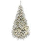 Snow-flocked prelit Christmas tree with warm white lights, full conical shape