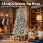 Snow-flocked prelit Christmas tree with warm white lights, dense tiered branches