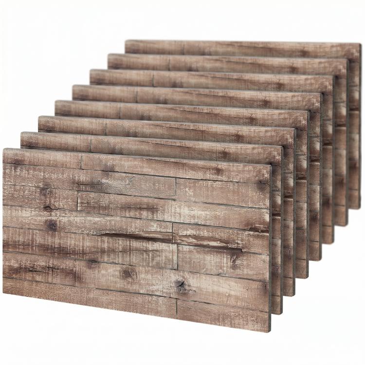 Stack of gray faux wood wall panels with 3D plank grain texture.