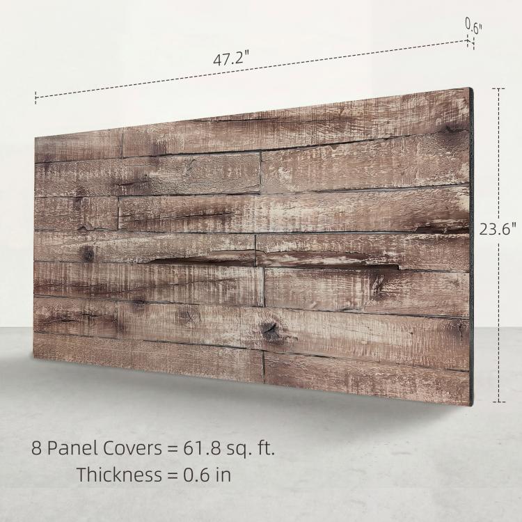 Gray faux wood wall panel with 3D plank grain texture, rectangular panel.