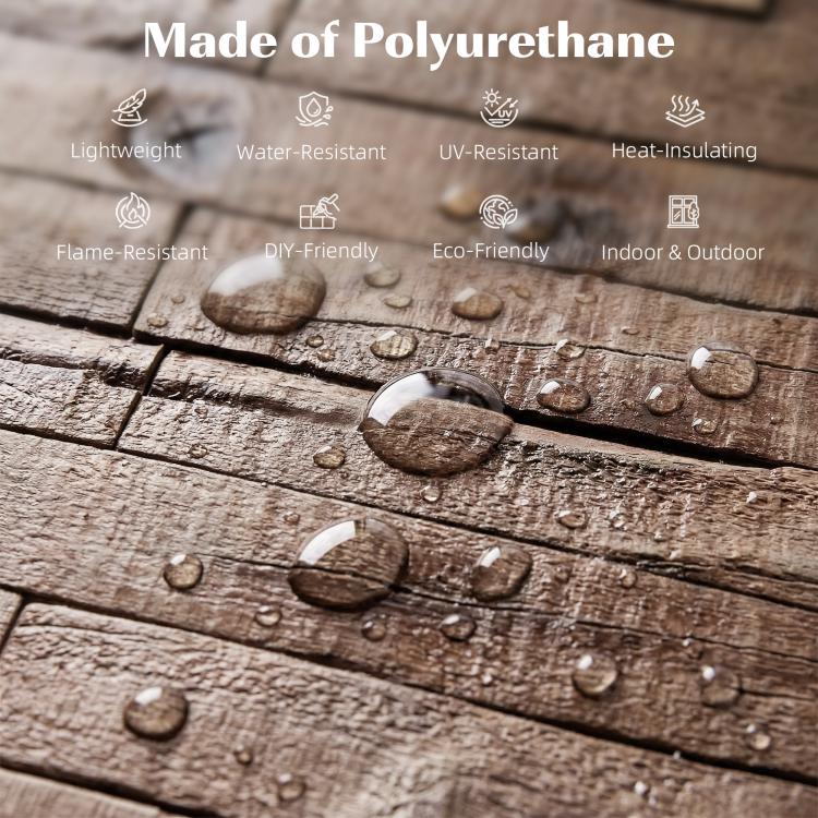 Gray faux wood plank wall texture with visible water droplets on the finish.