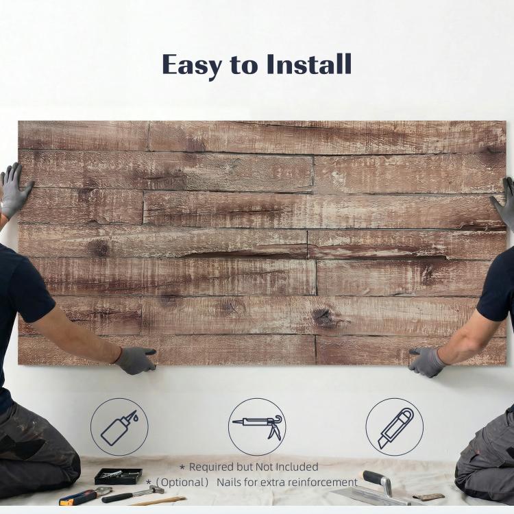 Gray faux wood wall panel held by installers for mounting on a wall.