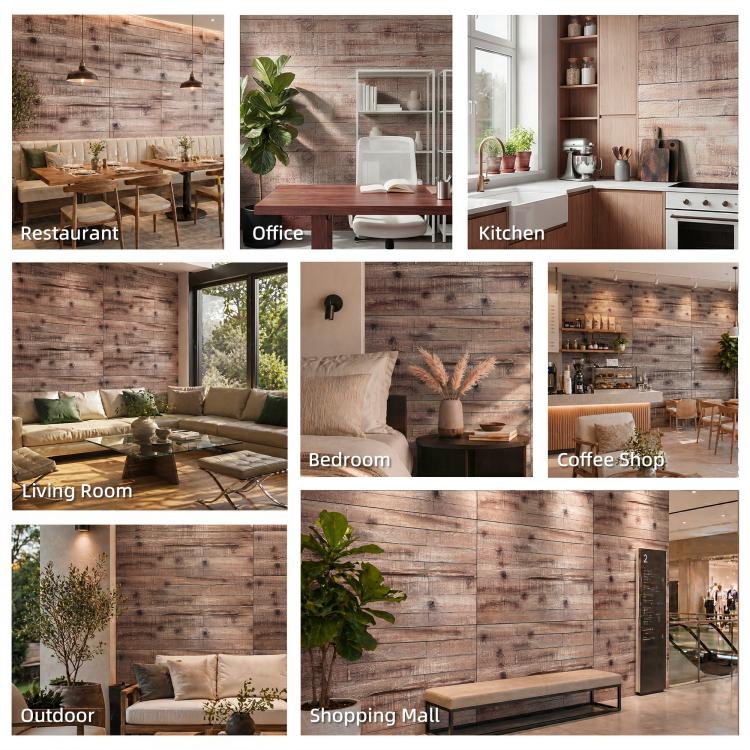 Gray faux wood wall paneling shown in multiple rooms for decor and privacy.