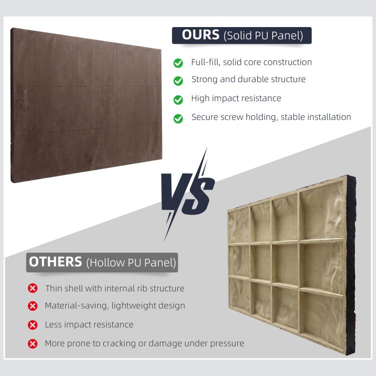 Gray solid PU faux wood wall panel vs hollow PU panel, side-by-side comparison.