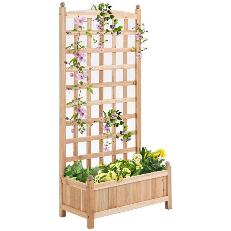 Wooden raised garden bed with trellis and planter box, light natural wood, angled view