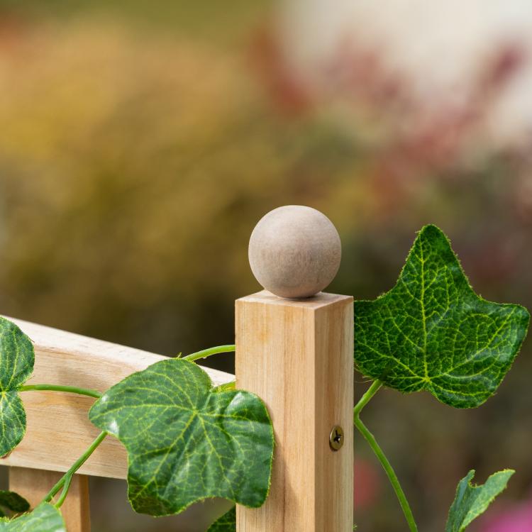 Wooden trellis corner post with round top cap, close-up with green leaves