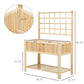 Wooden raised garden bed planter stand with trellis and bottom shelf, no plants