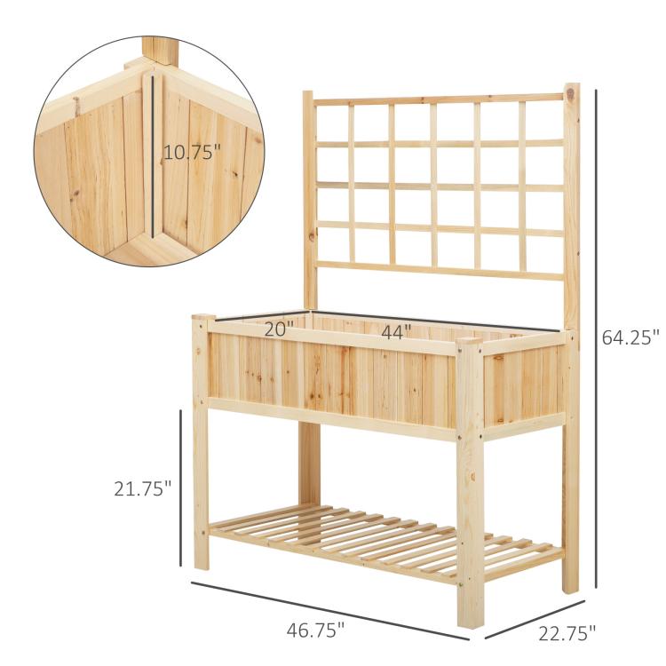 Wooden raised garden bed planter stand with trellis and bottom shelf, no plants