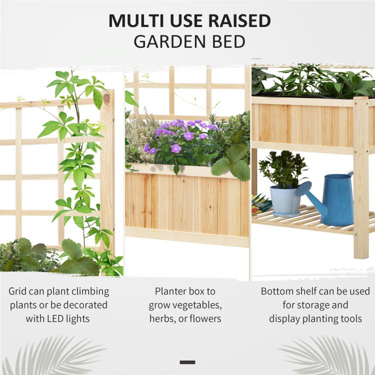 Wooden raised garden bed planter with trellis, flower box, and side shelf