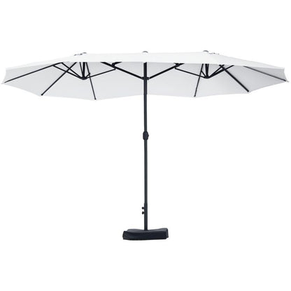 Beige patio umbrella with open canopy, central dark pole, and round weighted base