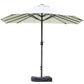 Beige patio umbrella with open double canopy, central dark pole, and weighted base