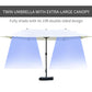 Twin patio umbrella with extra-large light canopy, central dark pole, and weighted base
