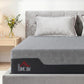 King-size memory foam mattress edge detail with gray top, dark side panel, and logo patch