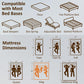 Mattress compatibility infographic with size labels for multiple bed bases and dimensions