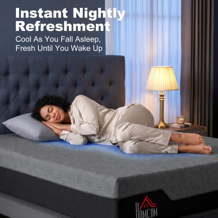 King-size memory foam mattress with a person sleeping on it in a bedroom