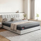 King-size memory foam mattress on a platform bed with gray cover and headboard