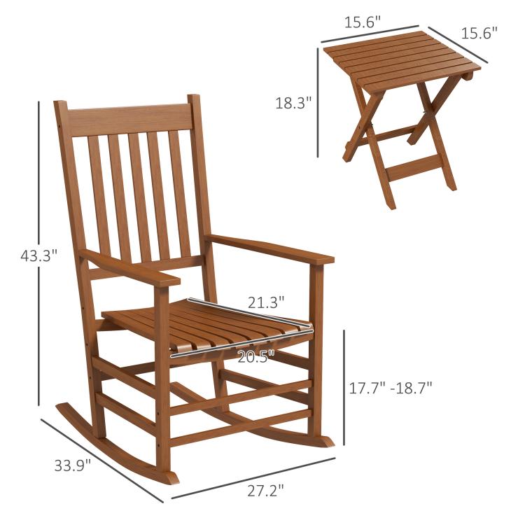 Brown wooden rocking chair with slatted seat and backrest, with side table shown