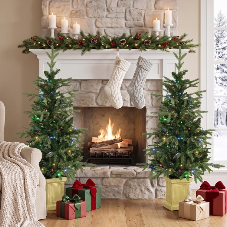 Pair of prelit tabletop Christmas trees decorated with green needles and multicolor lights.
