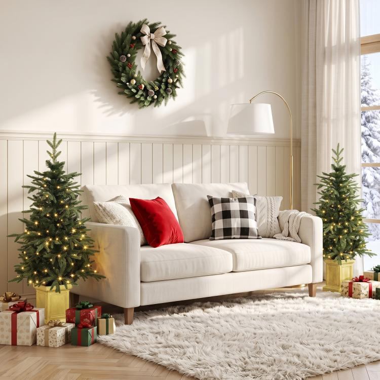 Set of 2 prelit artificial Christmas trees with bright lights on square golden bases.