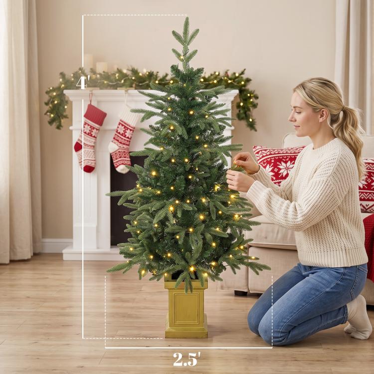Two prelit artificial Christmas trees with dual-color lights, in square golden bases.