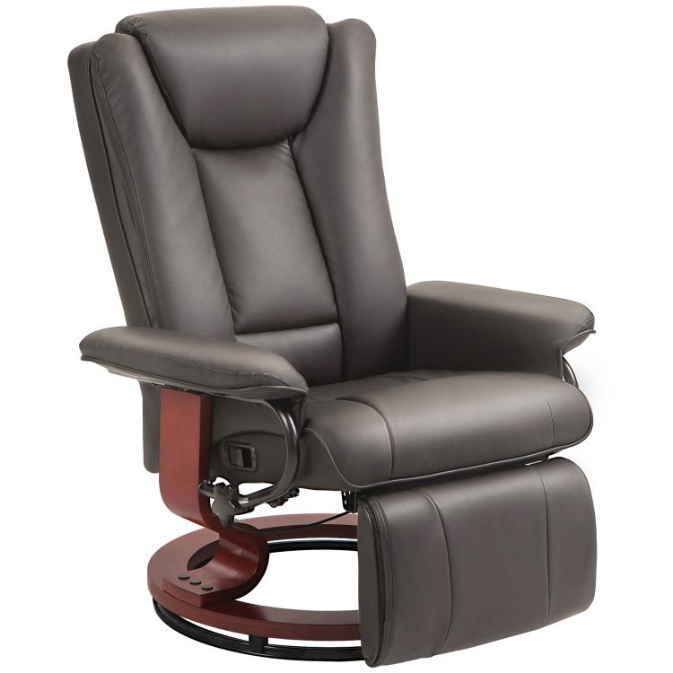 Manual swivel recliner chair with footrest in dark gray leatherette, rounded arms