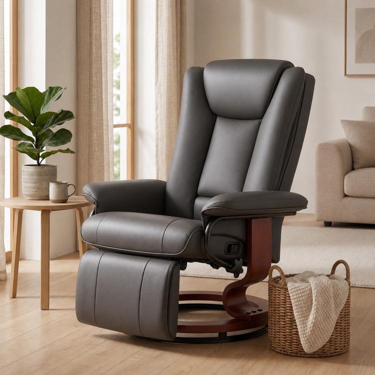 Swivel recliner chair with footrest, dark gray upholstery and wooden base