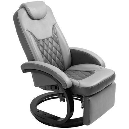 Gray swivel recliner chair with padded headrest and quilted back, manual recline.