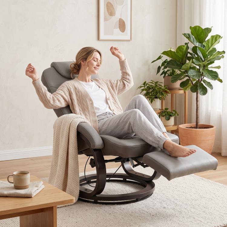 Gray manual swivel recliner chair with attached footrest and curved backrest