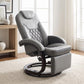 Gray swivel recliner chair with extending footrest and curved armrests on round base.