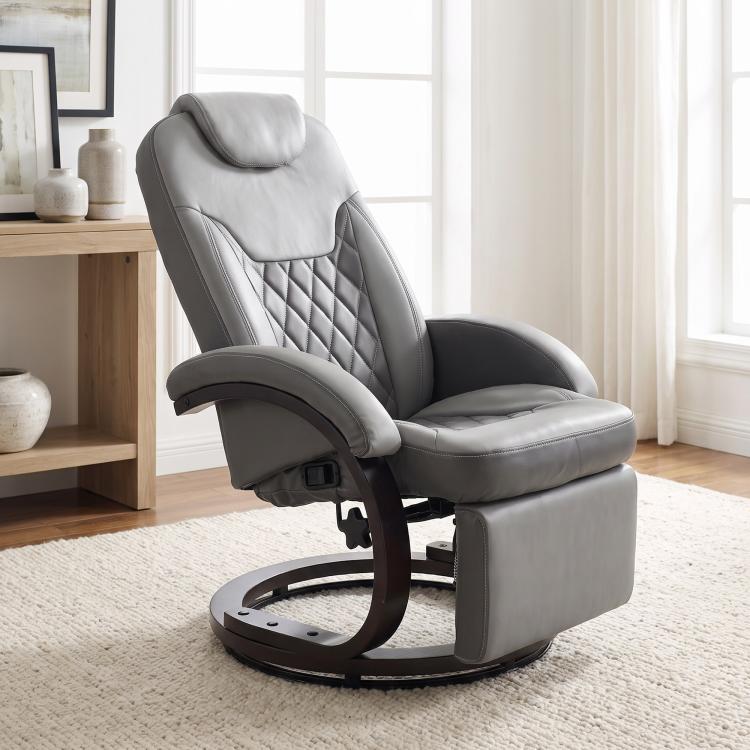 Gray swivel recliner chair with extending footrest and curved armrests on round base.