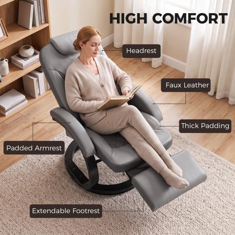 Gray recliner chair with padded armrests, headrest, and extendable footrest on swivel base.