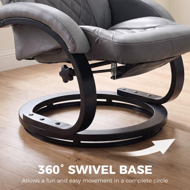 Gray recliner chair close-up showing black round swivel base and armrest mechanism.
