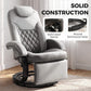 Gray swivel recliner chair with tufted back and rounded black base platform detail.