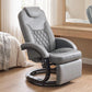 Gray swivel recliner chair with tufted back and padded headrest on round base.