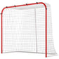 Street hockey goal with red steel frame and white mesh net, side view