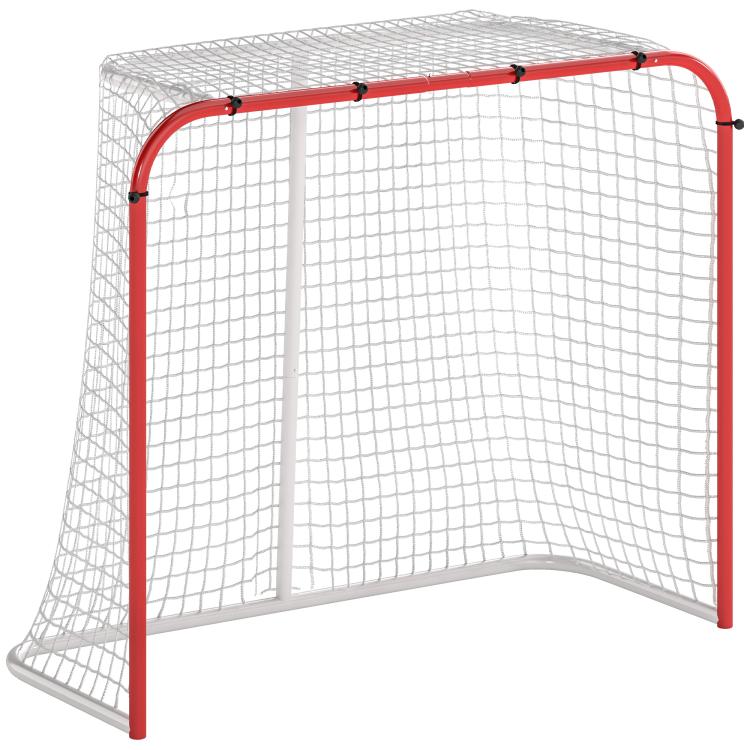 6x4 street hockey goal with red frame and white mesh net, full front view