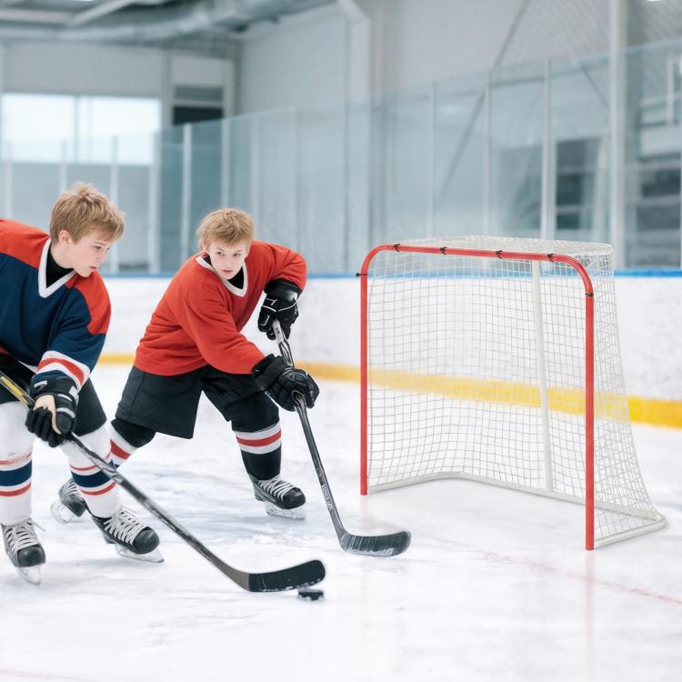 Street hockey goal with red frame and white net on an ice rink