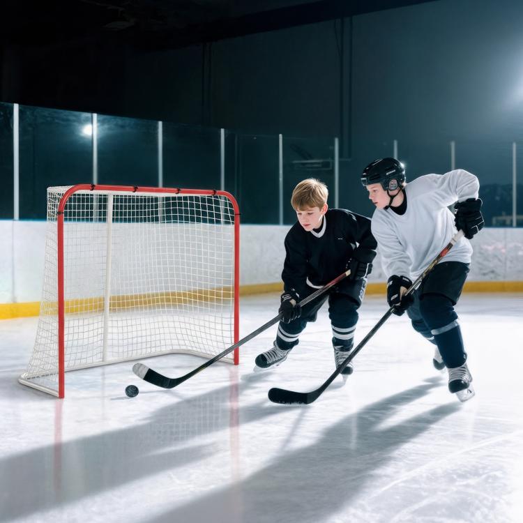 Hockey goal with red frame and white mesh net, players aiming nearby