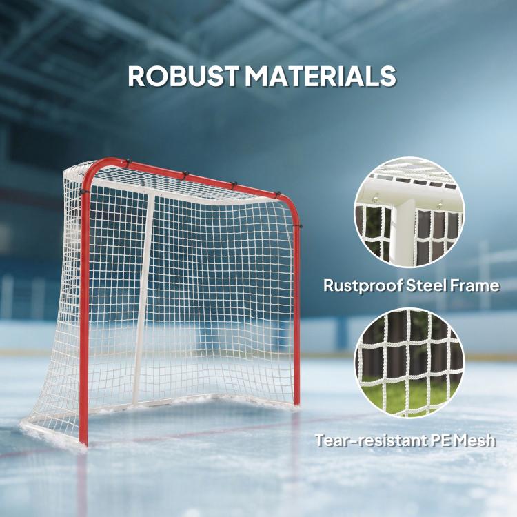 Hockey goal with red steel frame and white PE mesh netting detail